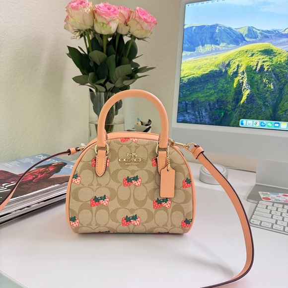 coach Sydney Satchel In Signature Canvas With Strawberry Print cb596